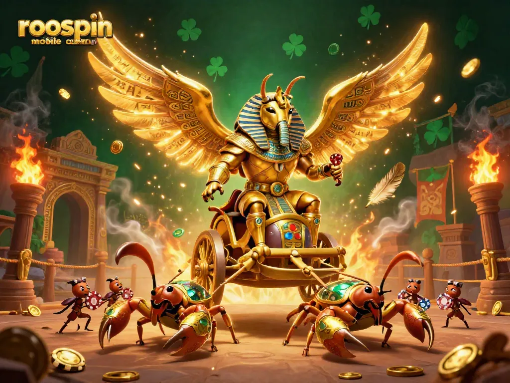 Experience the thrilling roospin mobile casino with a dynamic scene of a golden scarab beetle and scorpions in a vibrant gambling setting.