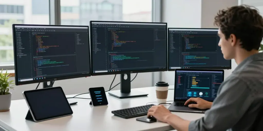 Focused developer engaging in instant indexing tasks at a tech workspace with coding displays.