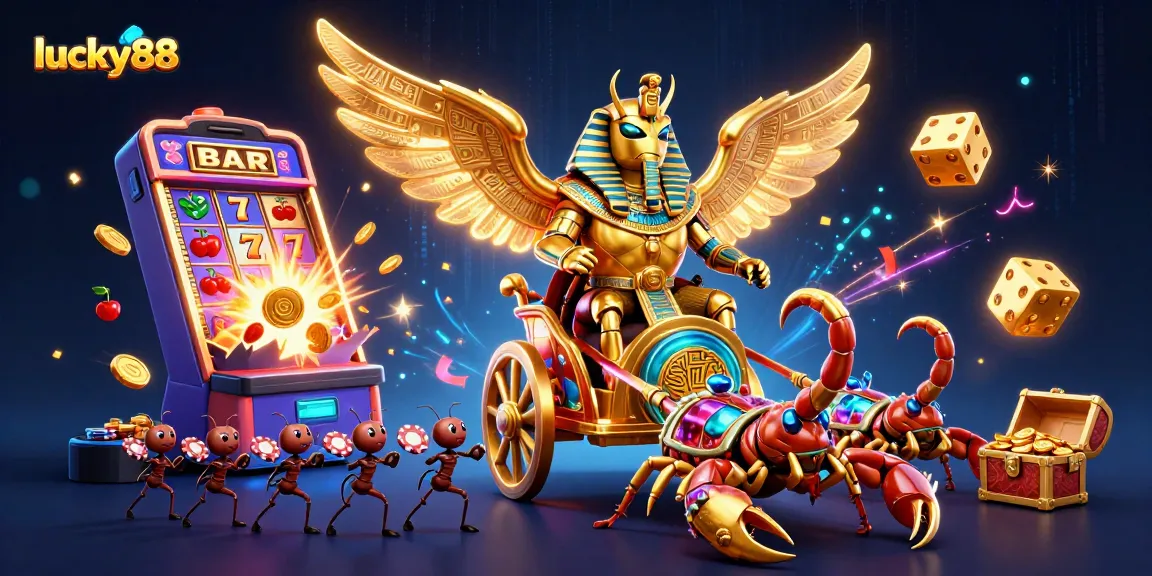 Experience lucky88's thrilling casino adventures with a golden scarab and vibrant jackpot elements.
