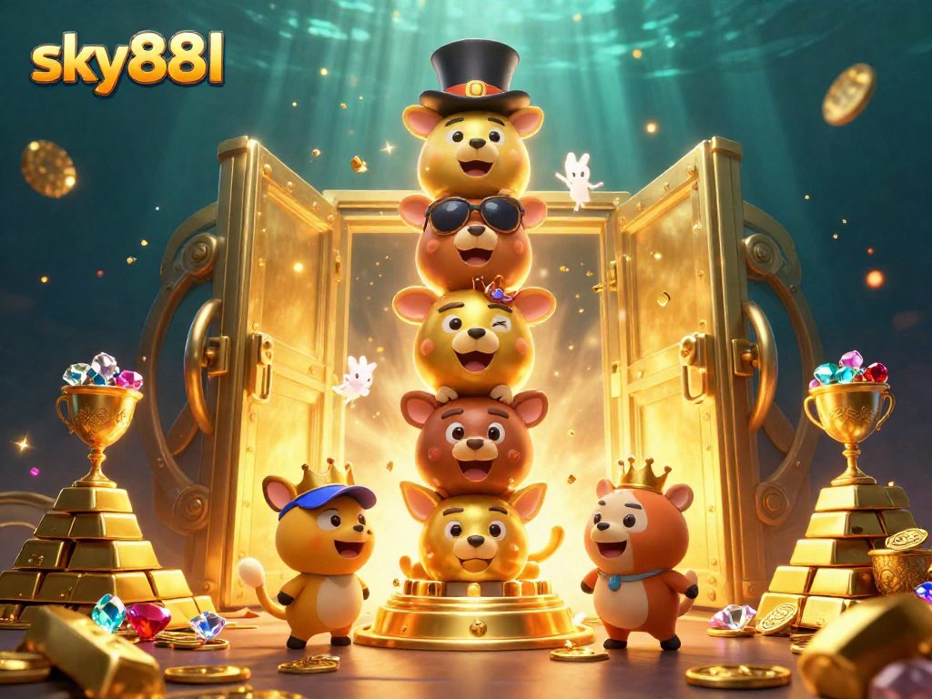 Experience the vibrant energy of sky88l casino with treasure and animated characters enriching the lively scene.