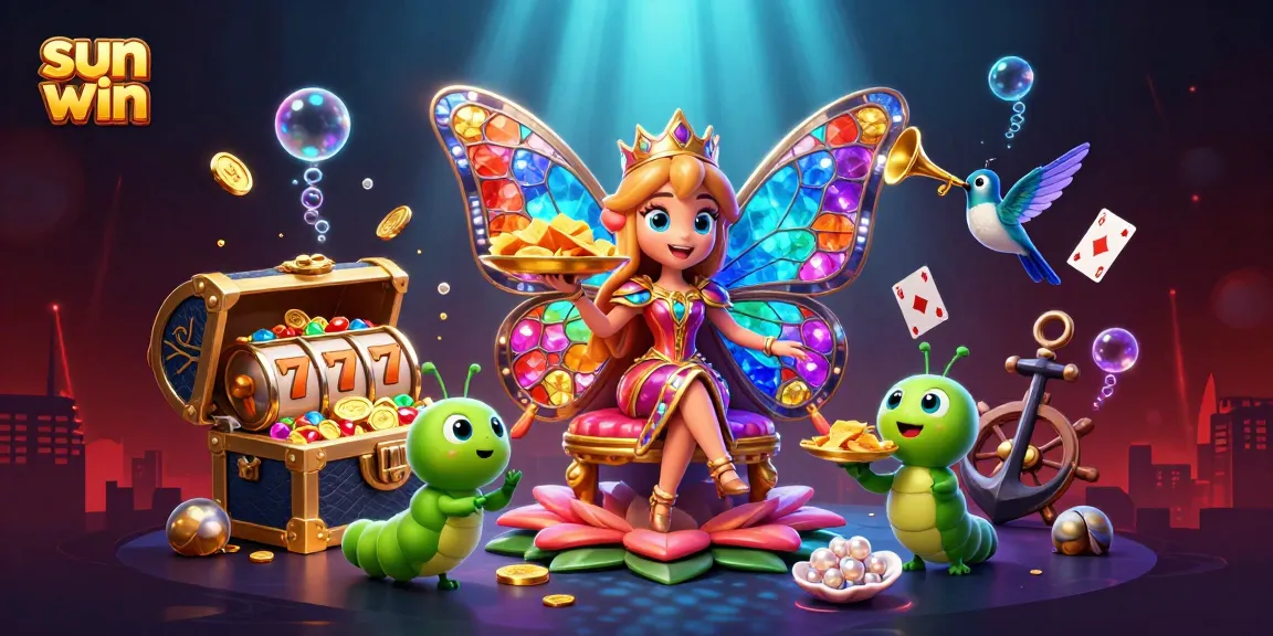 Win big with sun win in this vibrant 3D casino illustration featuring gaming elements and characters.