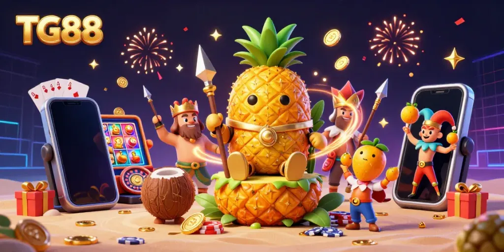 Experience the energetic world of TG88, with a golden pineapple king and casino elements offering thrilling gameplay.