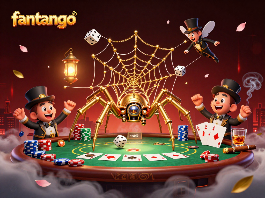 Catch lucky dice in the fantango web of a steampunk spider amidst vibrant casino action.