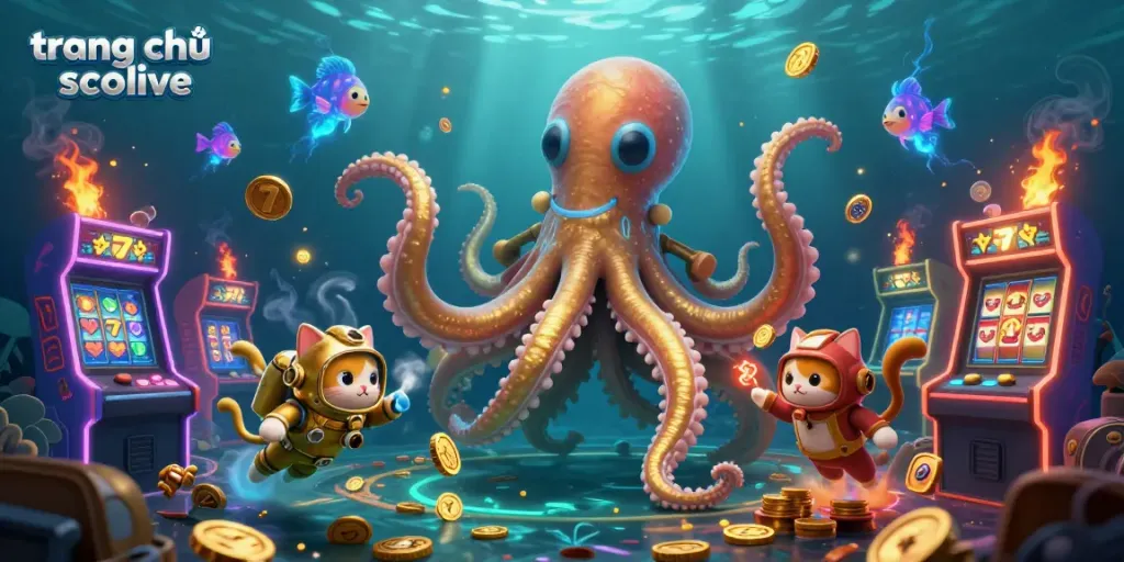 Engage with the thrilling adventures on trang chủ socolive with this vibrant illustration showcasing a colossal kraken and playful cat.