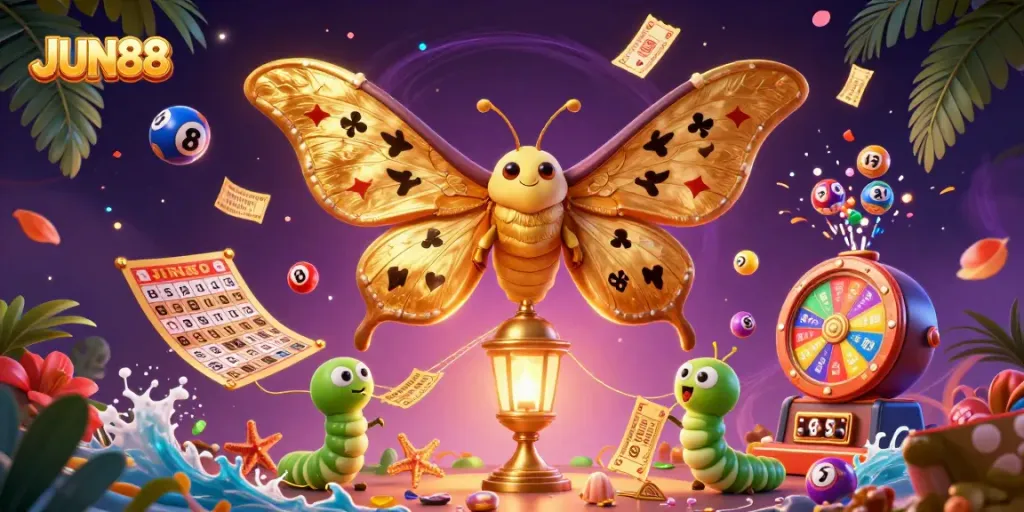 Experience the dynamic JUN88 casino scene with vibrant 3D elements, showcasing a lottery and gaming atmosphere.