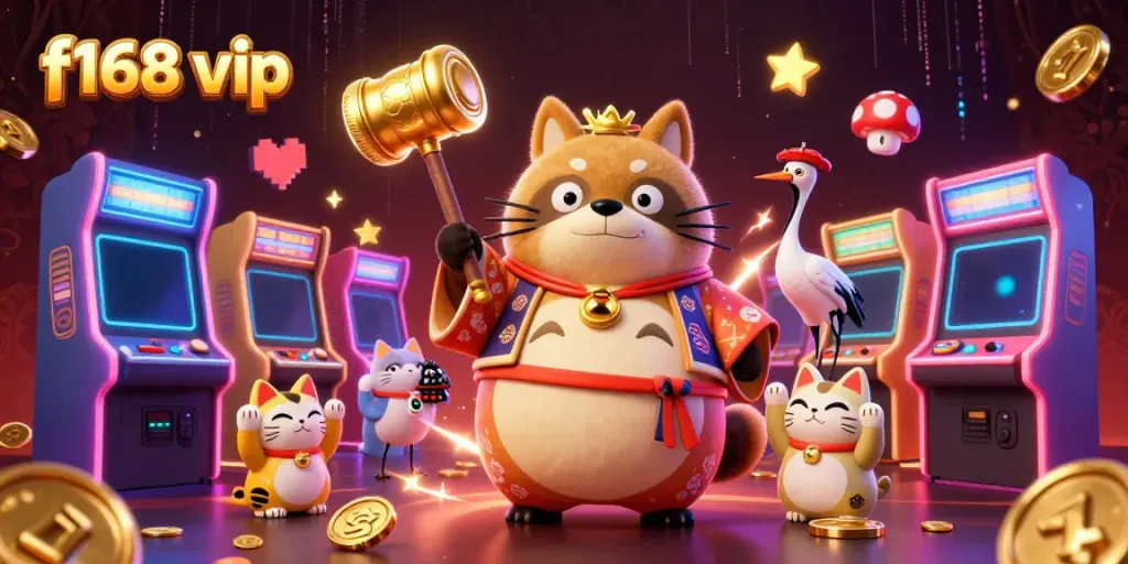 Experience the dynamic world of f168 vip with cheerful 3D tanuki and colorful casino elements.