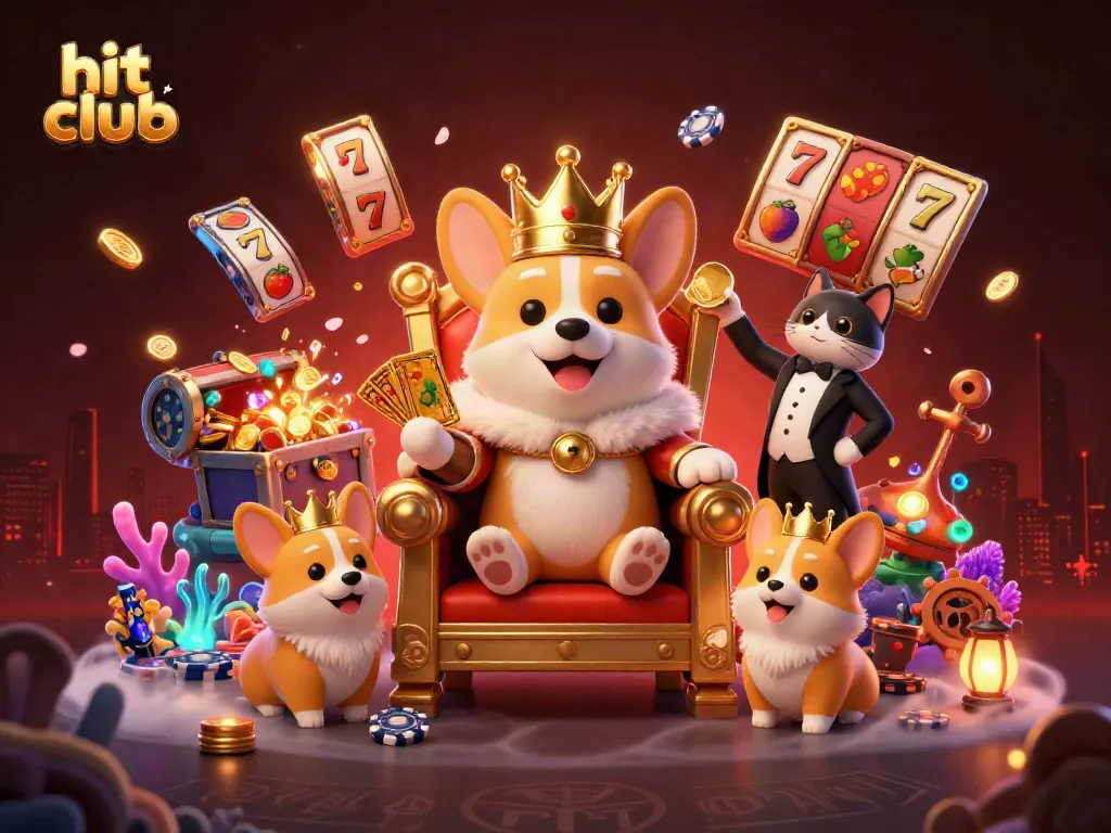 Experience the thrilling hit club with a royal corgi on its poker throne amidst floating jackpot reels and treasures.