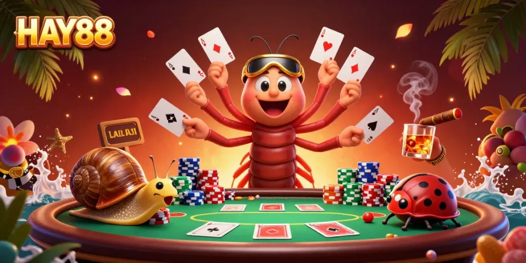Engage with HAY88 through a vibrant 3D casino scene featuring a cartoon millipede dealer and high-roller snail.