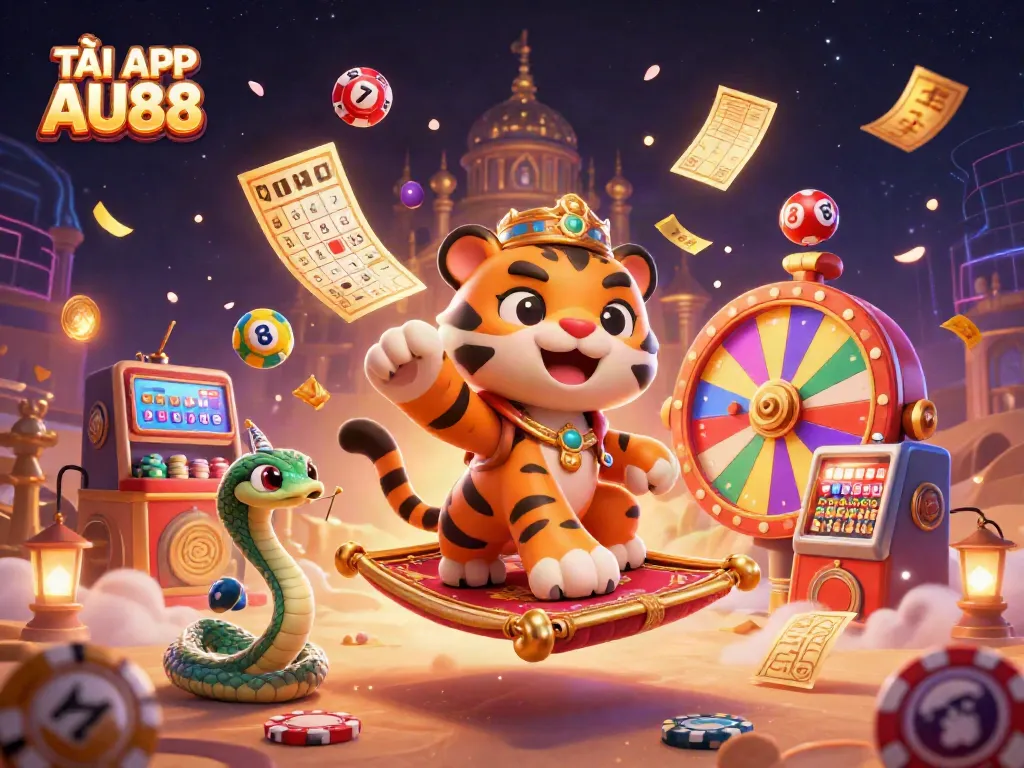 TẢI APP AU88 with a vibrant 3D casino theme featuring a tiger sultan and fortune symbols.