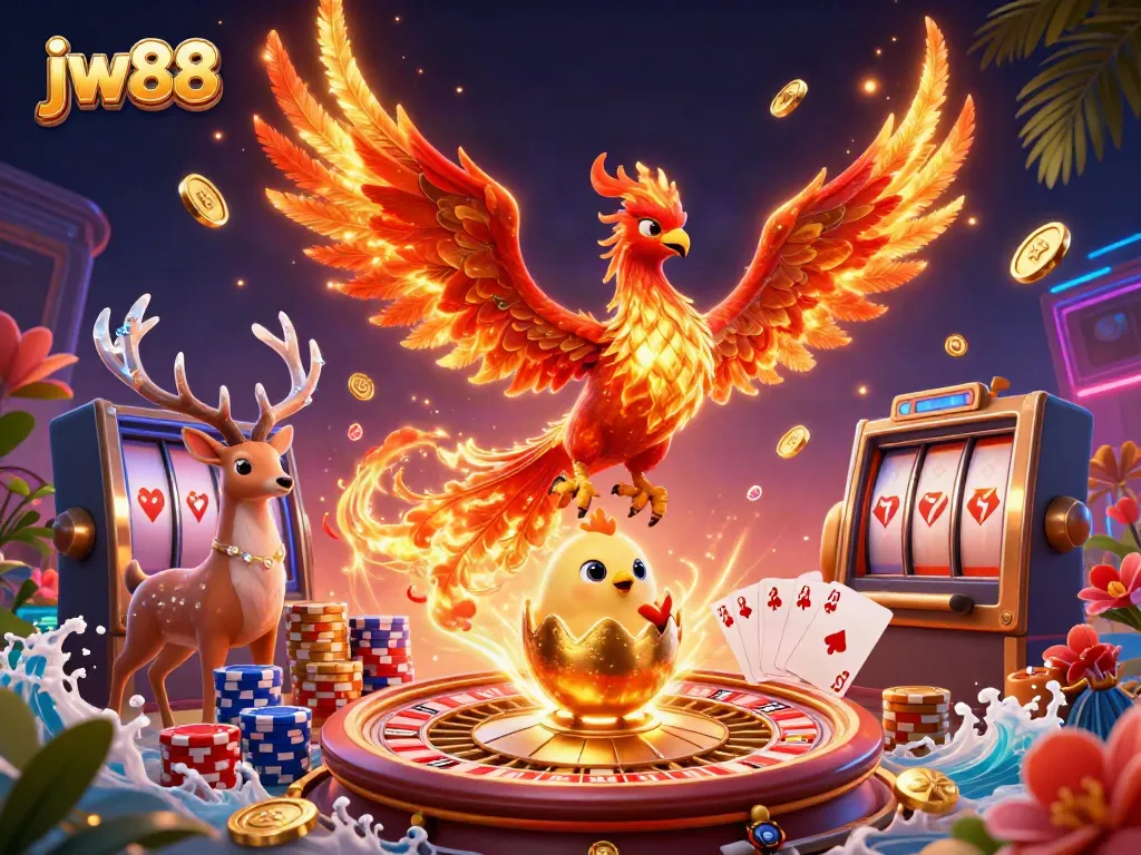 Engage with jw88's exciting casino experience featuring a fire phoenix and rich gaming elements.