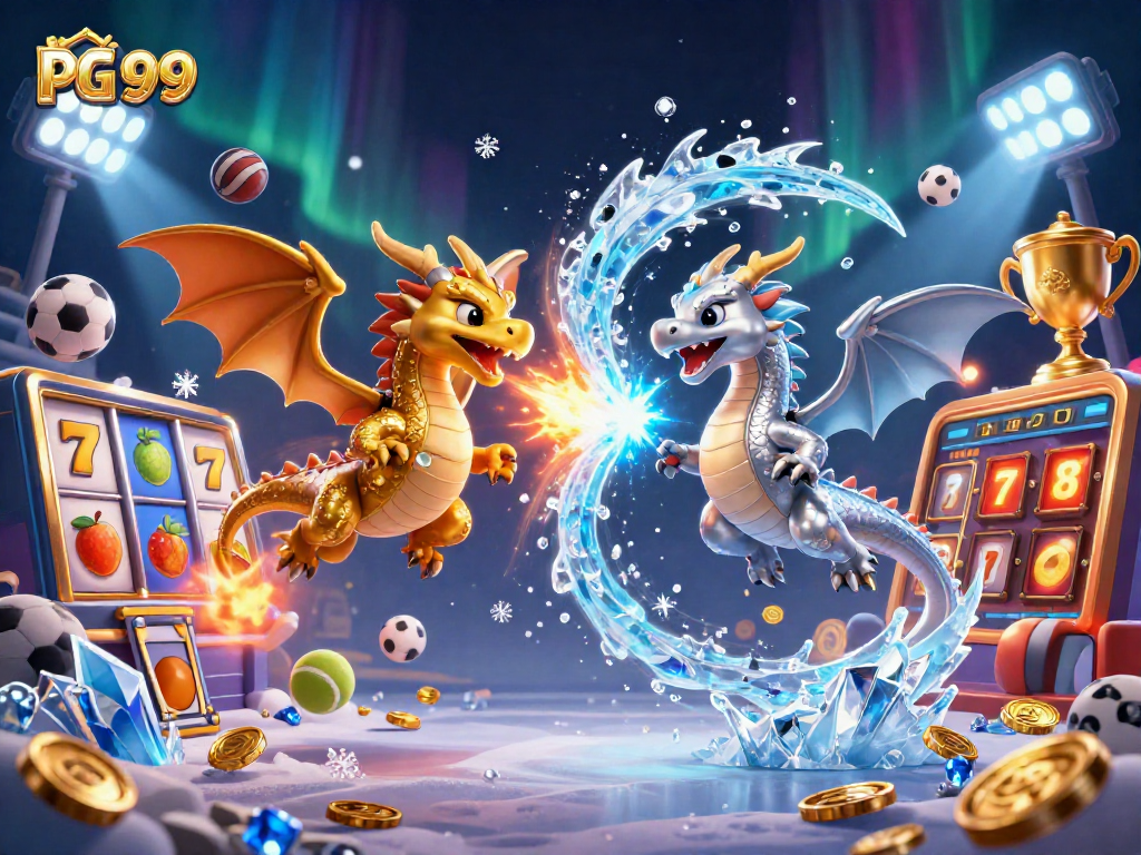 Engage in thrilling adventures with PG 99 at the vibrant casino, showcasing dragons and slot reels.