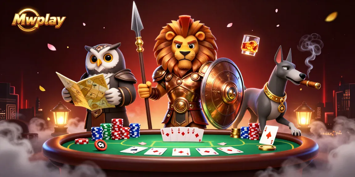 Mwplay showcases an exciting gaming scene with a Spartan lion, owl, and greyhound amidst vibrant poker elements.