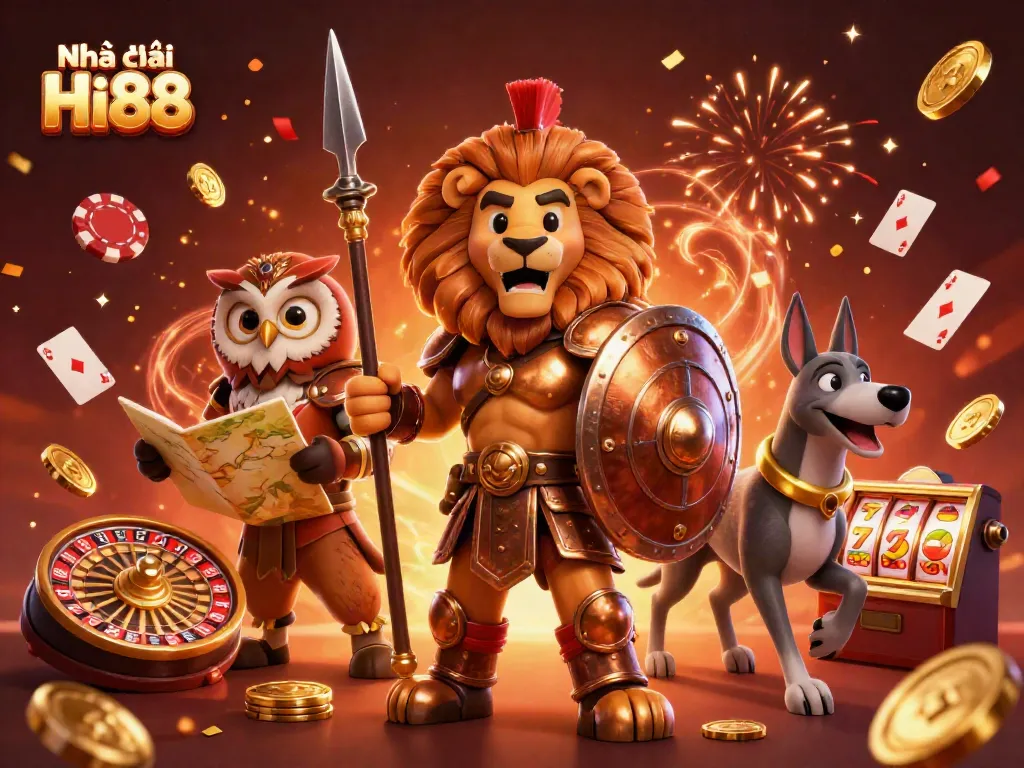 Engage with Nhà cái Hi88's dynamic casino scene featuring a heroic lion, strategic owl, and swift greyhound.
