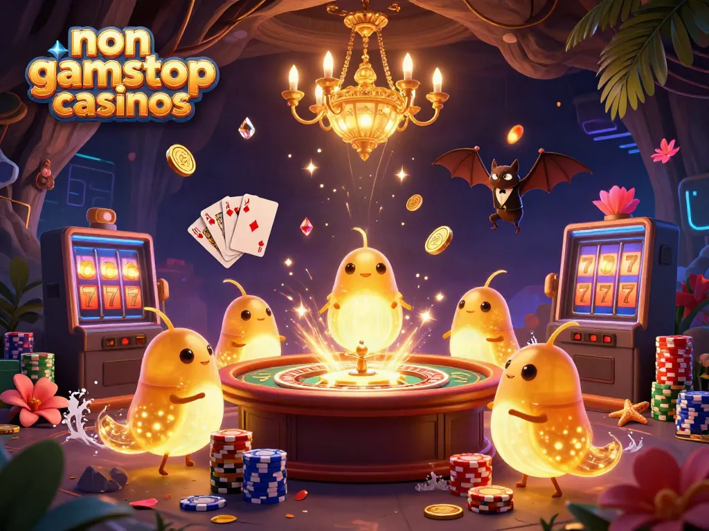 Experience the excitement of non gamstop casinos with glowworms illuminating a vibrant cave casino scene.