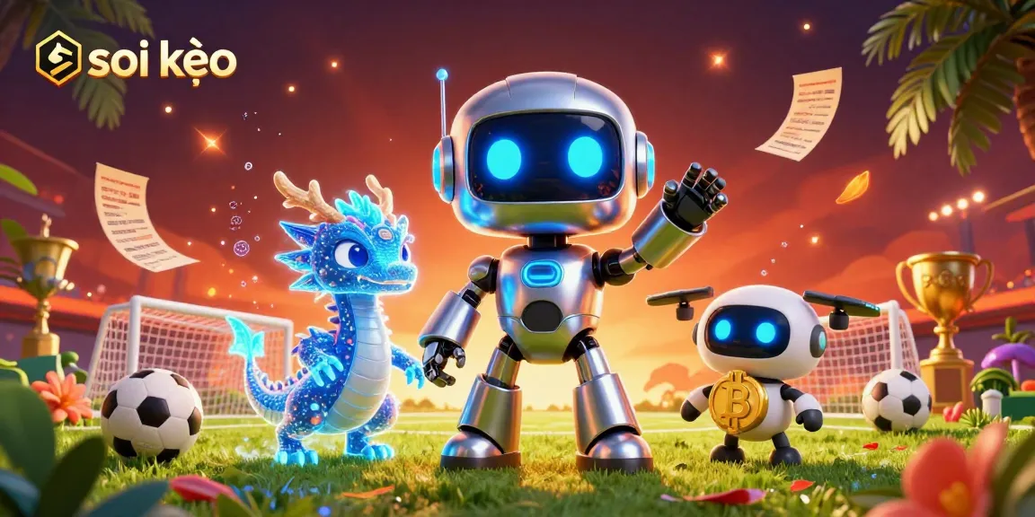 Engage in thrilling soi kèo sports betting action with vibrant robot mascots and dynamic soccer elements.