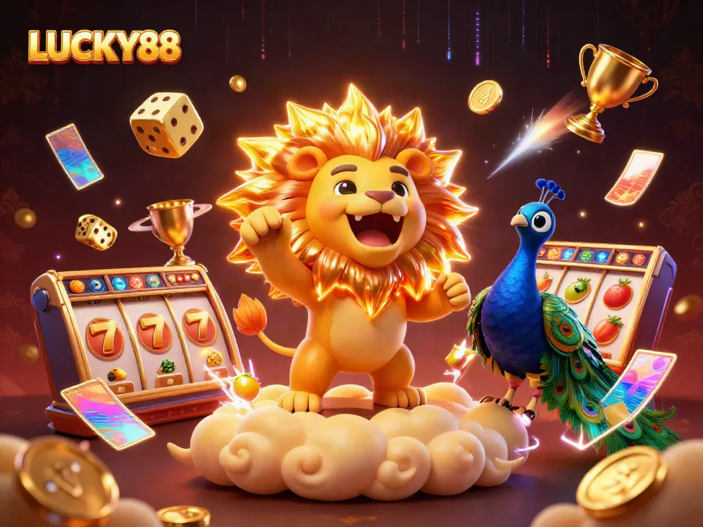 LUCKY88 showcases a vibrant casino scene featuring a lion mascot, golden dice, and dynamic slot games.