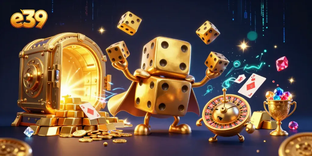 Join the excitement at e39 with our vibrant casino illustration showcasing golden dice golems and treasure