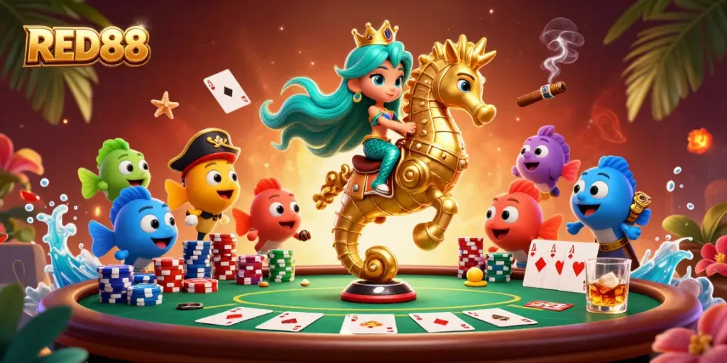 Experience the excitement of RED88 with a mermaid princess and poker elements in a vibrant illustration.