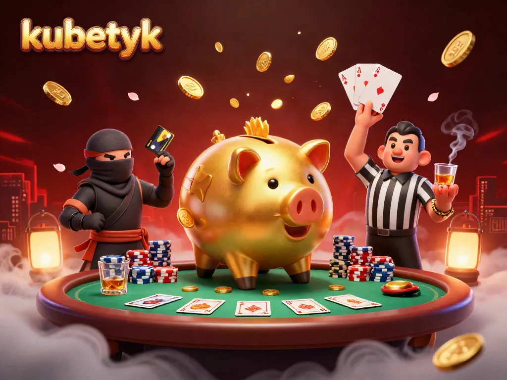 Experience thrilling action at kubetyk with a cartoon golden piggy bank wrestler amidst a vibrant casino scene.