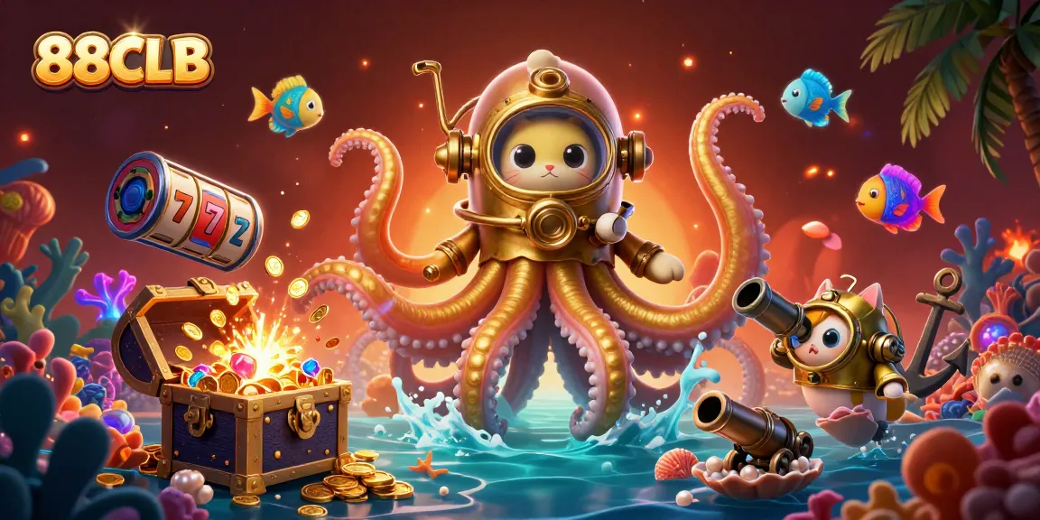 Engage with thrilling games at 88CLB, featuring a kraken and diving cat in a vibrant underwater casino.