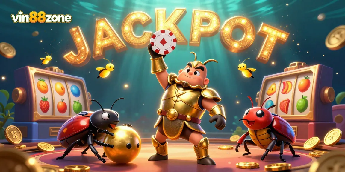 Spin to win at vin88zone with a heroic beetle lifting a poker chip surrounded by slot reels and coins.