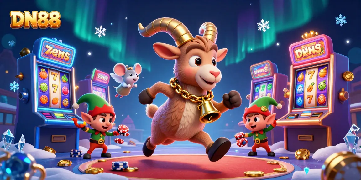 DN88 slot-themed 3D illustration with Krampus, angel mouse, and gremlins stealing chips.
