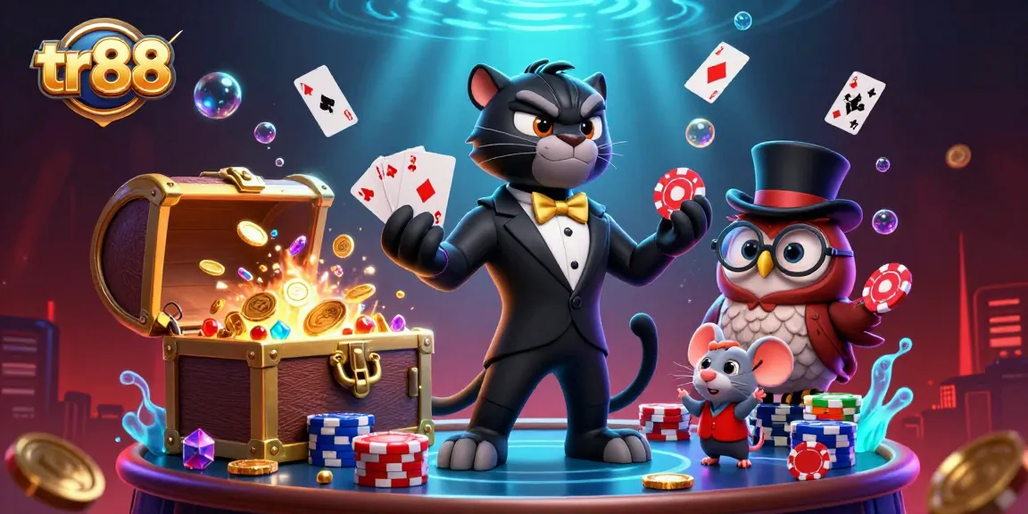 Experience winning strategies at tr88 with a stylish panther dealer, enchanting owl, and lucky mouse in a vibrant casino scene.
