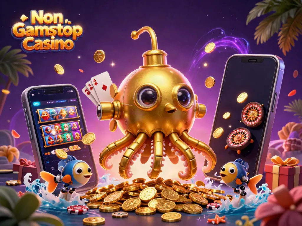 Engaging scene showcasing the Non Gamstop Casino with a golden kraken submarine and dynamic gaming elements.