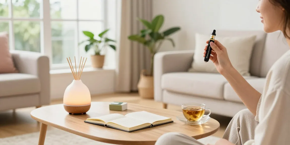 THC vape juice session in a bright living room, showcasing an organic wellness environment with plants and calming decor.