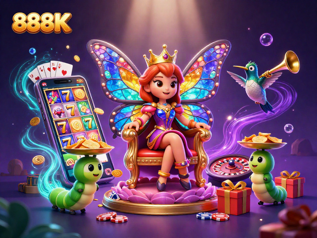 Experience 888K thrilling slots with a vibrant 3D illustration showcasing gems, chips, and a jeweled butterfly queen.