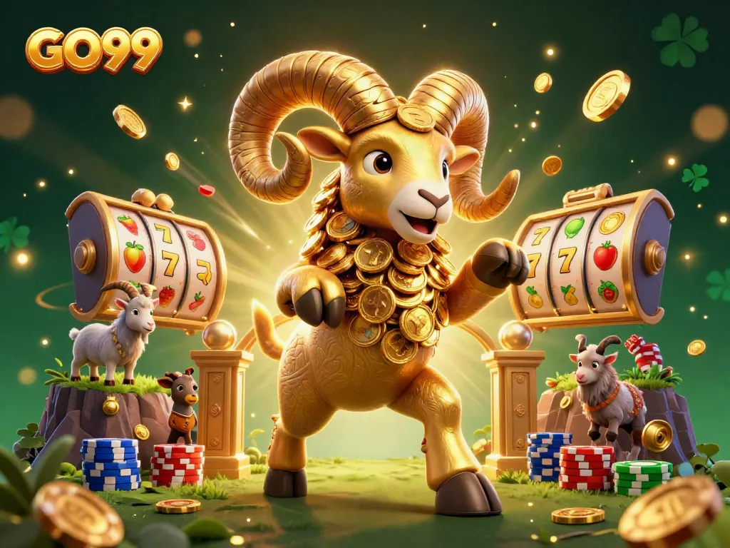 Enjoy the excitement of GO99 with a golden ram charging through a casino scene filled with vibrant slot elements.