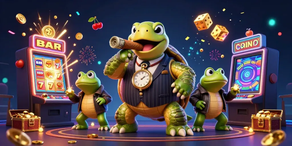 Experience the thrill of 78win with a vibrant 3D illustration featuring an animated snapping turtle and bullfrog enforcers.