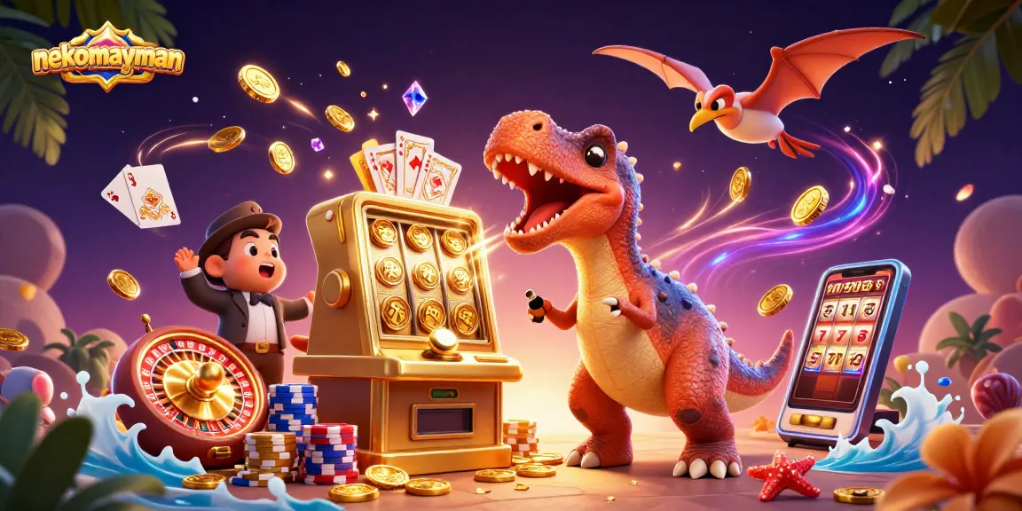 Neko May Mắn game showcases an epic scene with a dinosaur and a casino manager celebrating jackpot wins amidst cascading coins and slot reels.