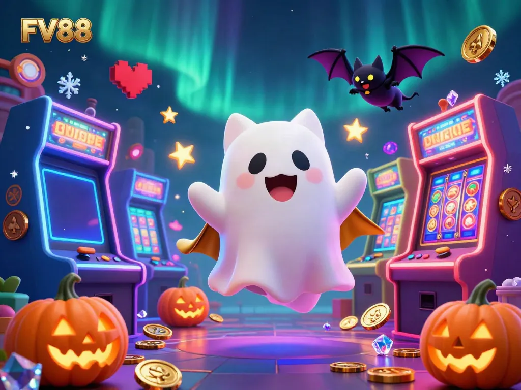 Experience FV88's whimsical ghost cat and vampire bat casino adventure with vibrant 3D graphics and glowing elements.