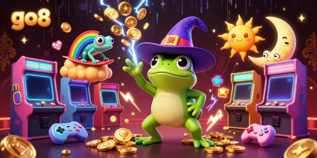 Experience the excitement of go8 with a vibrant scene of a storm of golden coins and gaming elements.