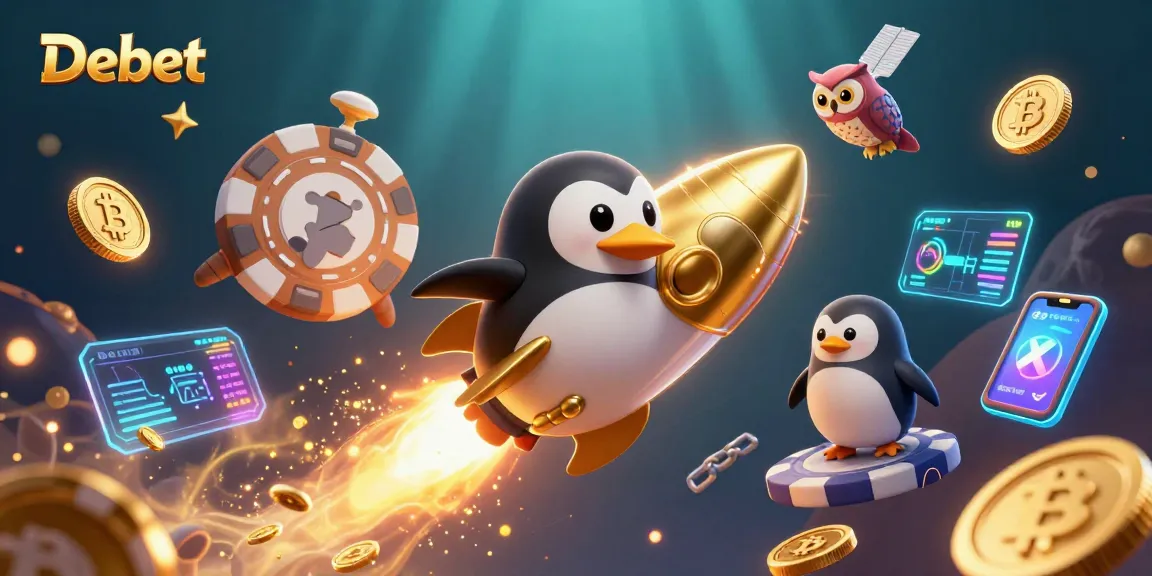 Experience fun betting with Debet, featuring a golden penguin and vibrant casino elements.