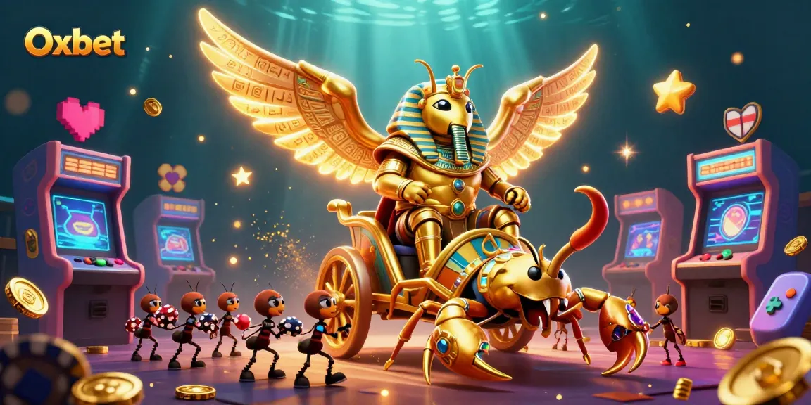 Engage with the vivid Oxbet casino experience featuring a golden scarab and scorpions amidst arcade elements, showcasing vibrant gambling action.
