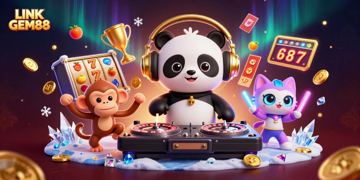 Engage with LINK GEM88 through a vibrant casino scene featuring dynamic characters and playful gaming elements.