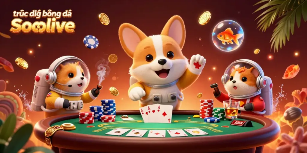 Experience trực tiếp bóng đá Socolive with vibrant floating casino elements and characters in an engaging scene.