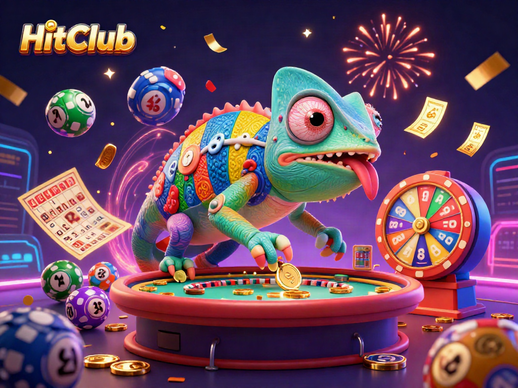 Engage in thrilling casino action at HitClub with vibrant lottery elements and a whimsical chameleon.