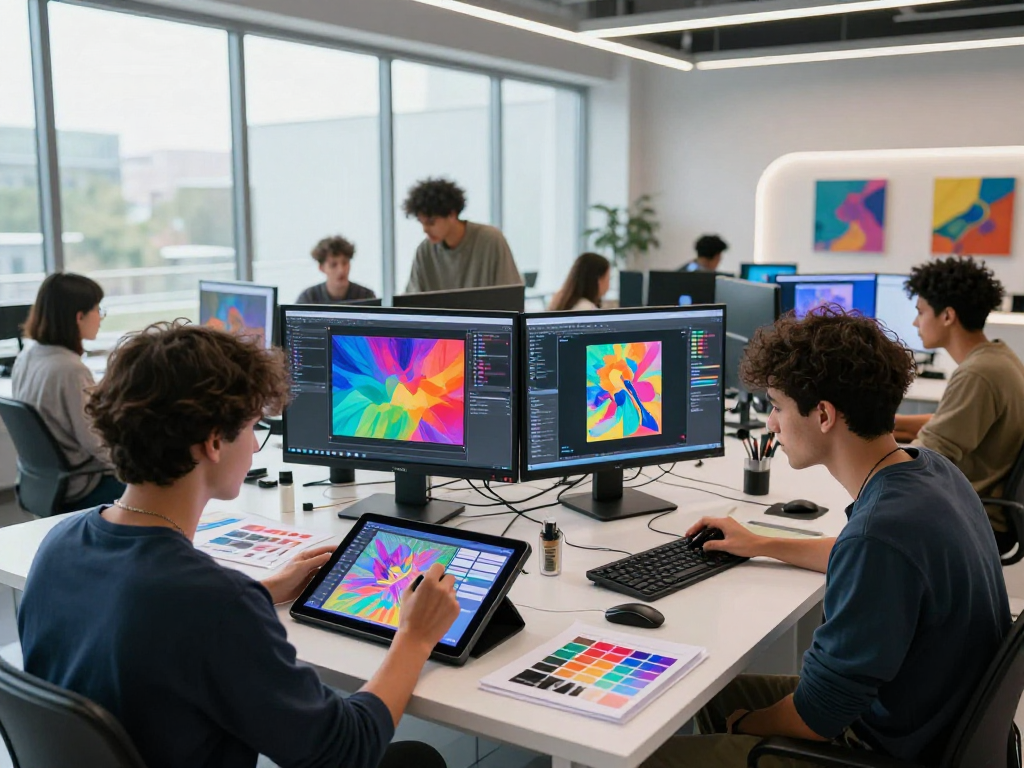 Creative team collaborating in an AI-driven workspace using nsfw ai tools for artwork generation.