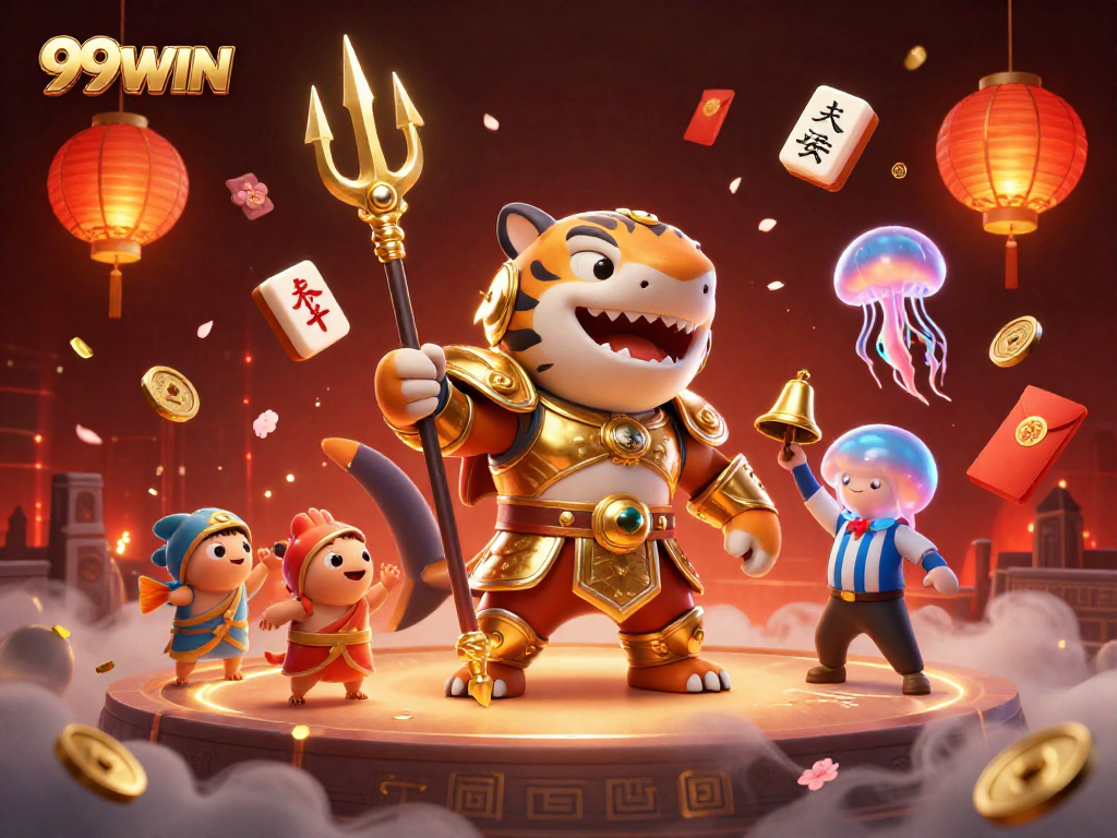 Experience the excitement of 99WIN with a powerful tiger shark in a vibrant casino scene.