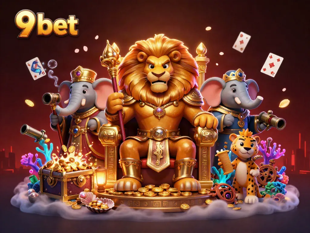 Experience the excitement of 9 bet in a dynamic casino scene featuring a lion king and vibrant treasures.