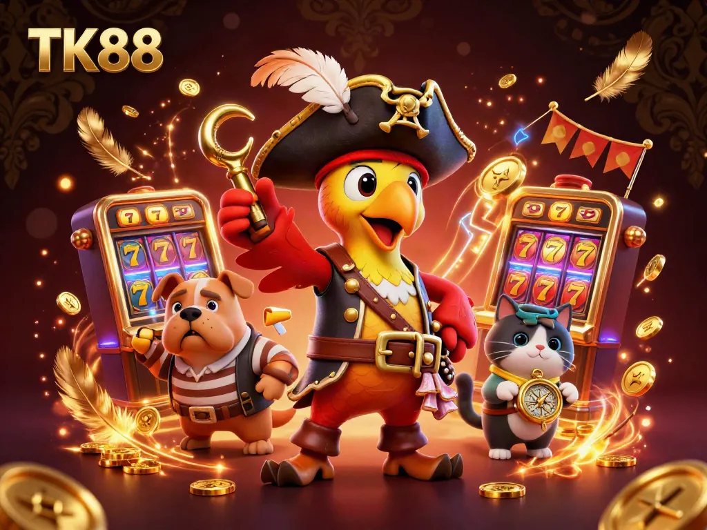 Engage in the vibrant atmosphere of TK88 with cartoon characters leading a casino adventure featuring slot machines and gold coins.