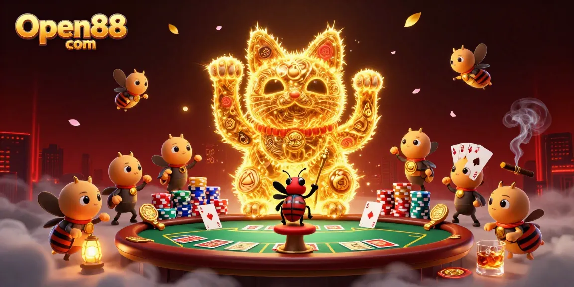 Experience the excitement of Open88 com with a giant lucky cat and vibrant casino symbols.