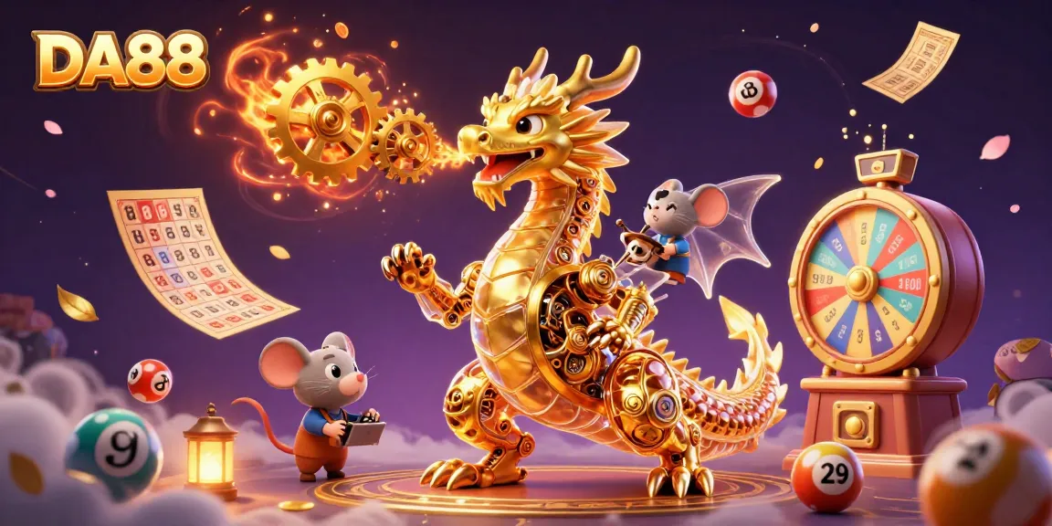 Engage in thrilling gameplay with DA88, featuring a vibrant scene of a golden dragon and exciting lottery elements.