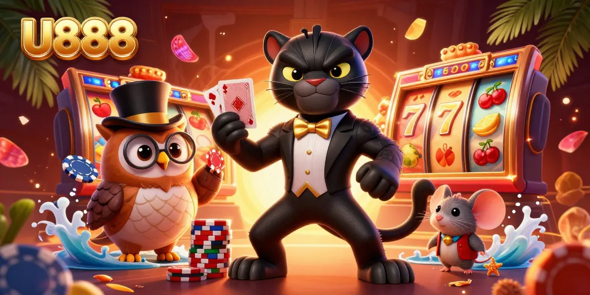 Experience the thrilling U888 slots with vibrant casino characters and festive ambiance in a captivating illustration.