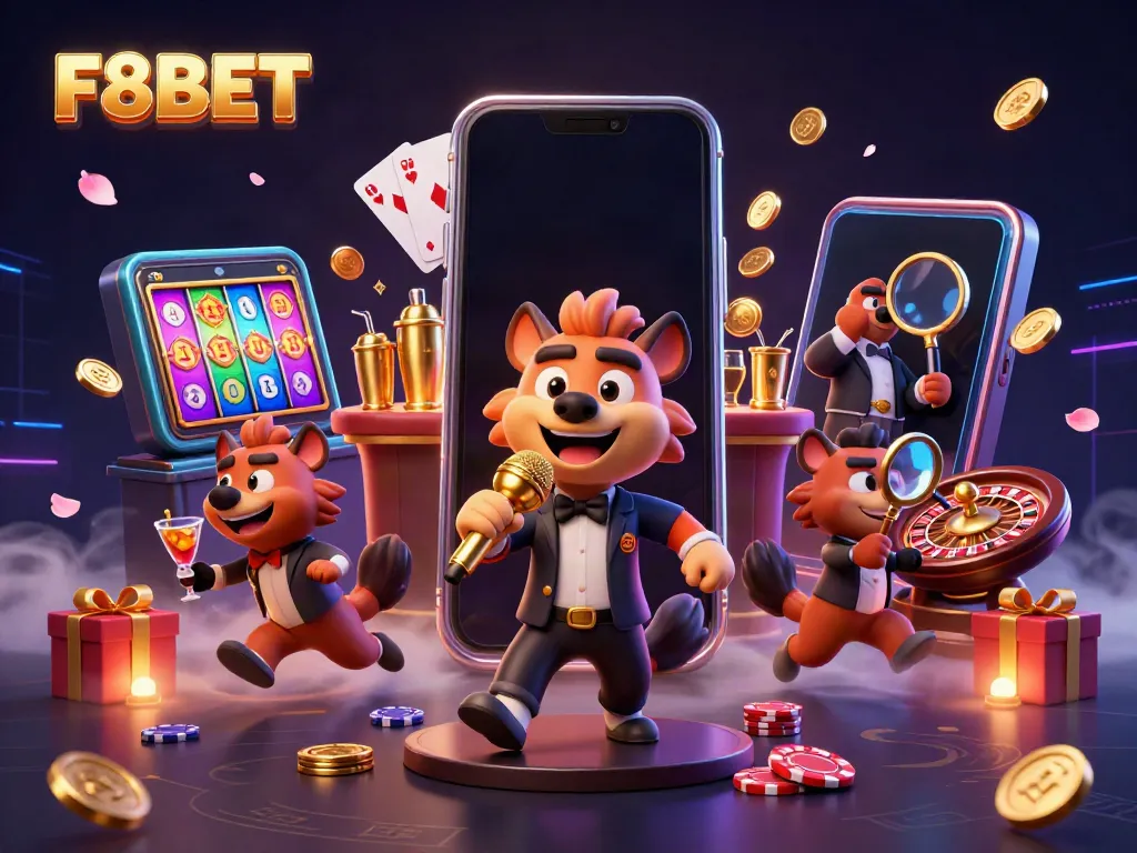 Experience the thrilling F8BET casino with lively hyena characters in a vibrant scene.