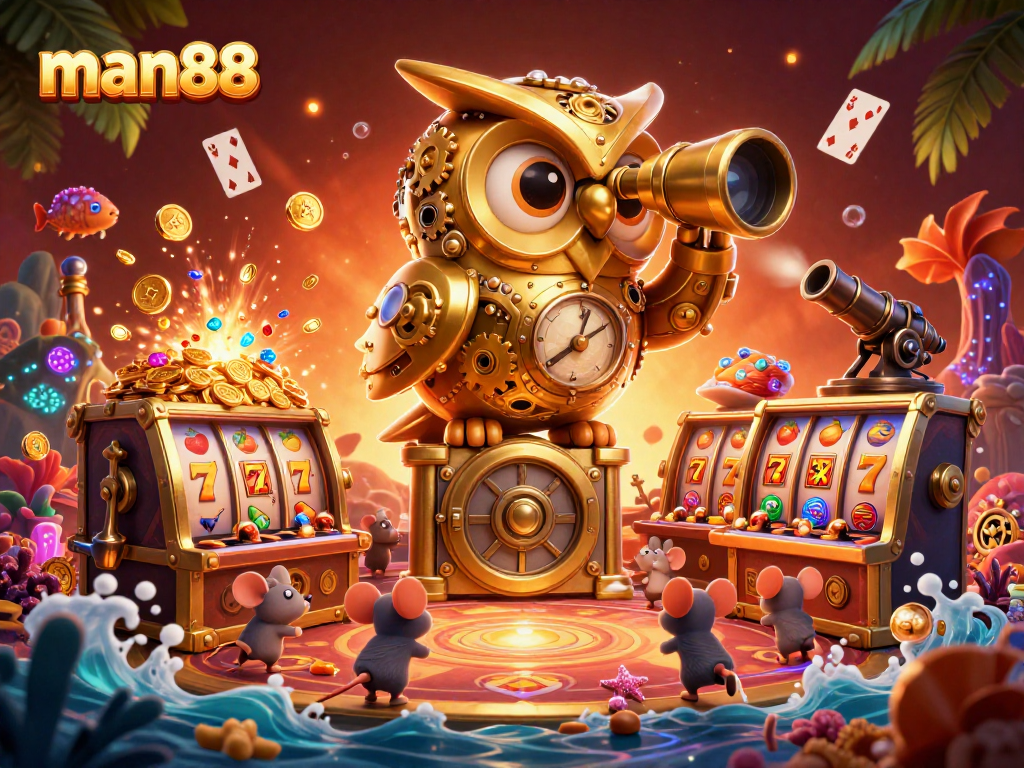Experience captivating gameplay at man88, featuring vibrant slot machines and a golden owl watching over the action.