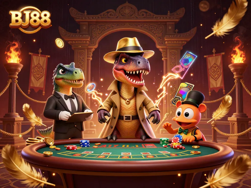 BJ88 velociraptor counter at blackjack table, a lively casino scene with vibrant details.